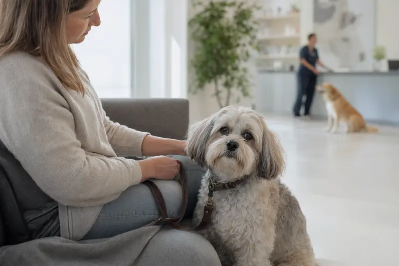 Ein Pachon De Victoria Hund sitzt ruhig neben seinem Besitzer im hellen Wartezimmer einer Tierarztpraxis.